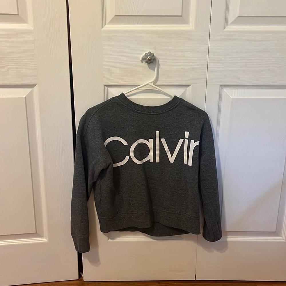 This Calvin Klein crew neck comes in gray, and is a size S.